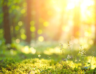 Obraz premium 幻想的な森に差し込む光とボケ背景 / Dreamy forest background with glowing bokeh light