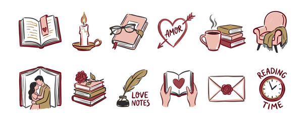 Romantic collection of hand-drawn doodle icons for book lovers, featuring novels, a couple, hearts, a candle, a cozy armchair, a quill pen, and a sealed love letter