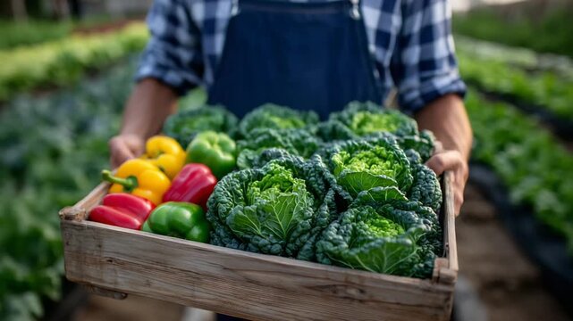 Person holding a wooden crate of freshly harvested vegetables, leafy greens spilling over edges, colorful peppers and zucchini in sharp focus, warm outdoor light enhancing natural