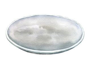 Watercolor illustration of an empty plate isolated on a white background. Silver ceramic. Simple round design.