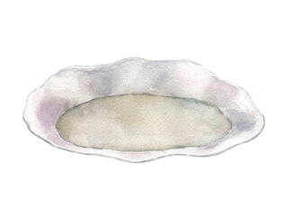 Watercolor illustration of an empty plate isolated on a white background. Silver ceramic. Simple elegant design.