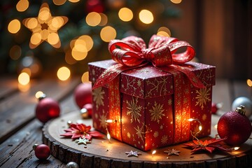 A beautifully wrapped red Christmas gift box with a large bow sits glowing on a wooden surface surrounded by festive lights and ornaments.
