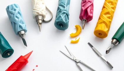A collection of sculpting and crafting tools arranged neatly on a white surface, including clay, scissors, stylus tools, and carving instruments.
