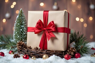 A neatly wrapped gift box with a red ribbon sits on snowy decorations with pinecones and Christmas ornaments.