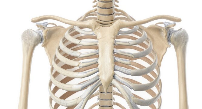 Anatomical illustration of human skeletal chest and shoulder girdle, with clean white background