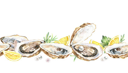 Seamless border. Oysters in shell, pearls, slices of lemon, greens, parsley, rosemary. Watercolor hand-drawn illustration isolated on white background. Elegant design for gourmet food prints.