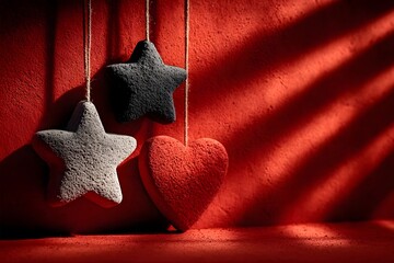Three soft hanging ornaments&mdash;a gray star, a white star, and a red heart&mdash;rest against a red textured background in slanting light.