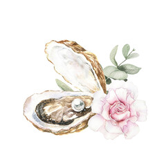 An oyster in an open shell with a pearl inside, rose flower and eucalyptus. A hand-drawn watercolor illustration isolated on a white background. Elegant raw seafood sketch, wedding design.
