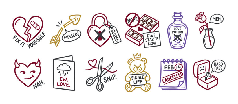 Set of funny hand-drawn anti-Valentine's Day icons showing heartbreak, being single, and cynical love concepts in a colorful doodle style