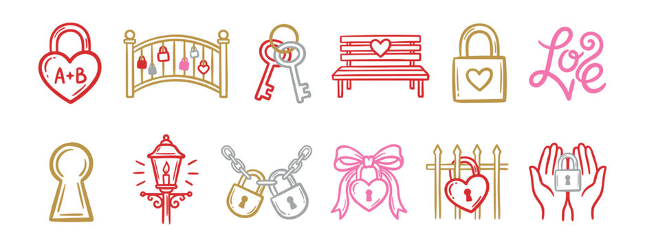 Set of hand-drawn love lock icons featuring heart-shaped padlocks, keys, a bridge, and romantic symbols in a cute doodle style with a red, pink, and gold color palette