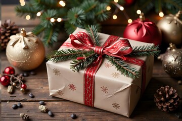A beautifully wrapped Christmas gift box with a red ribbon sits on a wooden table surrounded by festive decorations and tree branches.