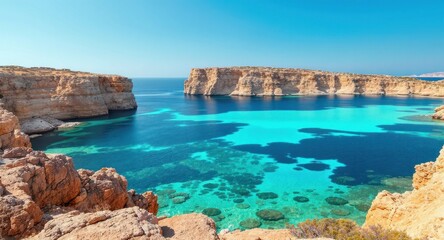 Azure lagoon with rocky cliffs and vibrant turquoise water under a clear blue sky