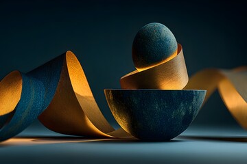 A textured egg balanced in a dark bowl is wrapped by a glowing golden ribbon in a moody studio setting.