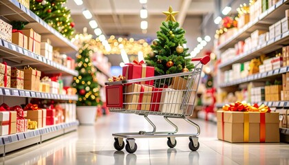 Shopping cart with gifts and Christmas tree in festive store aisle, holiday shopping celebration.