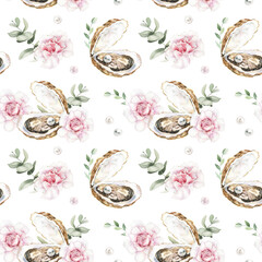 Watercolor oysters on shells, pearls, rose flowers and eucalyptus seamless pattern. Hand-drawn illustration on white background. Elegant print for cards, wedding design, scrapbooking.