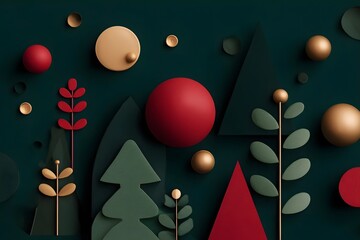 Colorful geometric trees and spheres form a festive abstract landscape on a dark background.