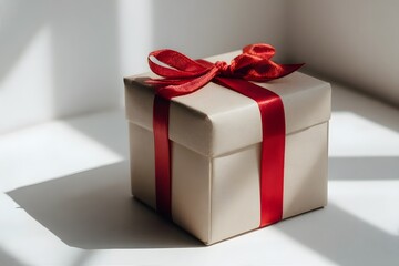 A small gift box wrapped in beige paper with a red ribbon sits in bright sunlight.
