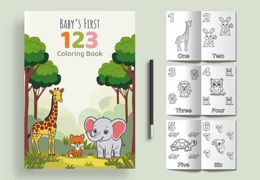 Baby First 123 Coloring Book with Jungle Animals Illustration for Early Learning Kids