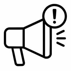 Line icon of a megaphone with exclamation mark &mdash; breaking announcement, black on white, square minimalist style