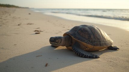 a turtle coming out of the sea towards the beach