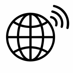 Line icon of a globe with broadcast waves &mdash; global news, black on white, square minimalist style