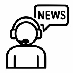 Line icon of a person with headset and news feed, black on white, square minimalist style