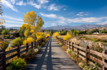 Straight country road with wooden fence leading through autumn fields toward distant mountains