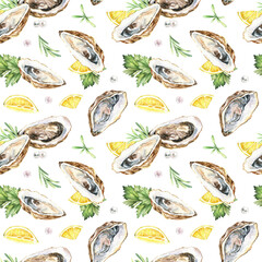 Watercolor oysters on shells, pearls, lemon slices and herbs seamless pattern. Hand-drawn illustration on white background. Seafood design for cards, prints, scrapbooking.