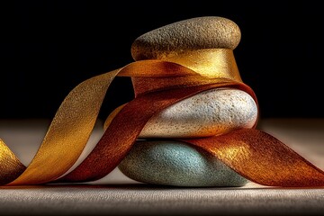 A stack of smooth stones is wrapped in a flowing golden-brown ribbon against a dark background.