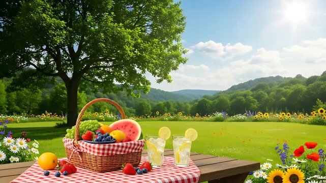 A wicker picnic basket filled with fresh fruit on a red and white checkered tablecloth in a sunny meadow with flowers and trees