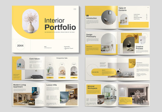 Modern Interior Design Portfolio Brochure Landscape Template with Yellow Accent