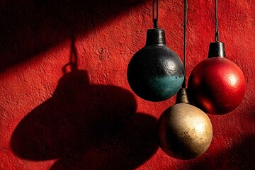 Three colorful Christmas ornaments hang against a textured red wall.