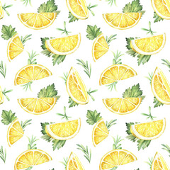 Yellow lemos and greens seamless pattern. Watercolor tropical fruits design. Hand-drawn illustration isolated on white background. Citrus ornament, print for fabric, textile, wallpaper, wrapper.