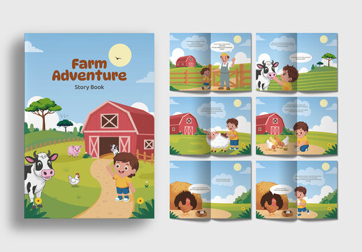 Kids and Children&rsquo;s Farm Adventure Story Book Template with Illustration