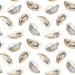 Seamless pattern with fresh oysters on shells. Hand-drawn watercolor illustration on white background. Seafood print for cards, decoration design, scrapbooking.
