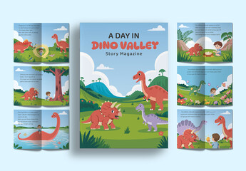 Kids Dinosaur Adventure Story Book Magazine Template with Illustration Design