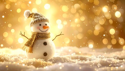 A cute, cheerful snowman with a knitted hat and scarf stands in snow, illuminated by soft golden bokeh. A festive winter scene