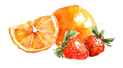 A watercolor illustration of an orange and strawberries, featuring a whole orange, a sliced orange, and fresh strawberries with green leaves