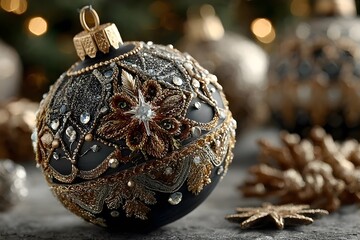 A single ornate Christmas bauble rests on a surface, decorated with intricate gold and silver patterns against a softly blurred festive background.