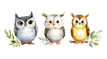 Watercolor owls with hats and accessories, colorful and whimsical isolated on white background.