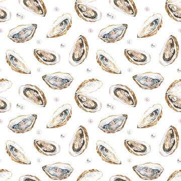Seamless pattern with fresh oysters on shells and pearls. Hand-drawn watercolor illustration on white background. Seafood print for cards, decoration design, scrapbooking.