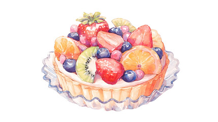 Watercolor Fruit Tart with Fresh Berries and Citrus