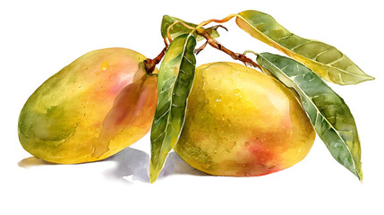 Watercolor vector illustrations of mango, whole and sliced with leaf and paint smudges and splashes.
