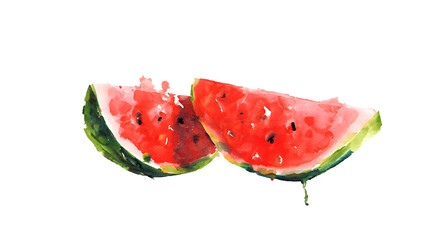 Watercolor painting of two watermelon slices with splatter effect isolated on white background.