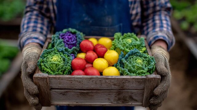 Rustic wooden box filled with freshly picked vegetables held by gloved hands, vibrant reds, yellows, and greens contrasting against earthy tones, evoking abundance and joy