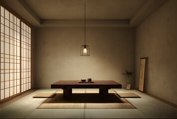 Minimal japanese tatami room interior with low wooden table and soft natural light