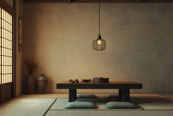 Minimal japanese tatami room interior with low wooden table and soft natural light