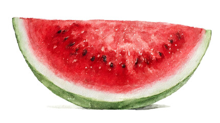 A watercolor illustration of a watermelon slice, showcasing vibrant red flesh and green rind isolated on white background
