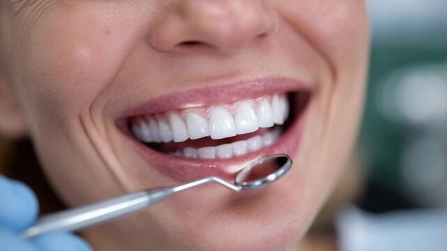 Selective-focus view of a dentist inspecting a molar, metal tools catching specular highlights, patient&rsquo;s lips and cheeks softly out of focus, sterile environment softened into smo