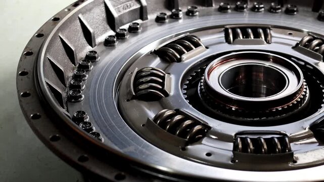 Rotation of an automatic transmission torque converter. Detailed steel mechanical parts, dampening springs, and gear assembly for heavy duty vehicle powertrain.